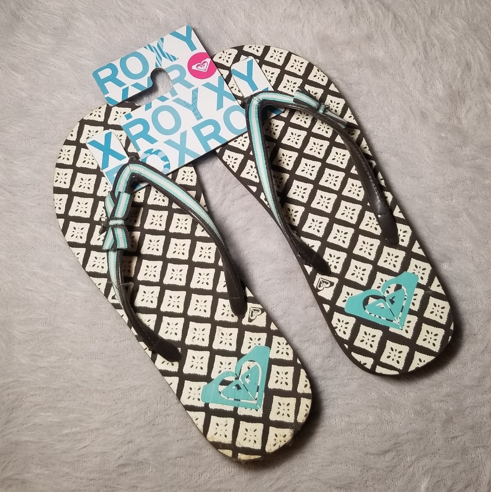 Roxy Blue & Brown Jeweled, Flip Flop Sandals NWT Vintage Y2k